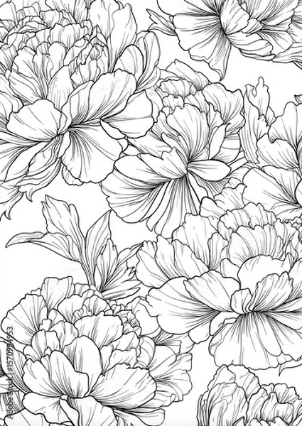 Fototapeta Minimalist line art drawing of peonies and leaves in black outline on a white background. Clean, elegant composition with no shading, perfect for adult coloring pages or relaxation activities.