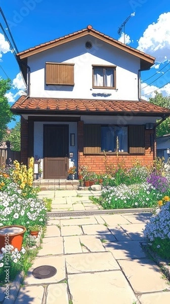 Fototapeta Quaint house charming, bright, two-story home with a colorful garden path under a beautiful sunny, cloudy sky