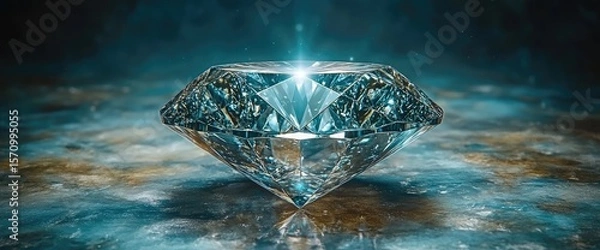 Fototapeta A brilliant gem sits atop a swirling blue surface, emanating a radiant light from its core