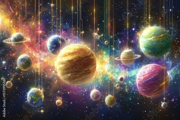 Fototapeta Colorful planets hang within a vibrant cosmic galaxy scene, stars above