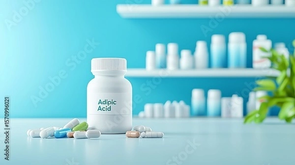 Fototapeta A bottle of Adipic Acid sits prominently on a white table, surrounded by colorful capsules, in a bright and modern pharmacy setting.