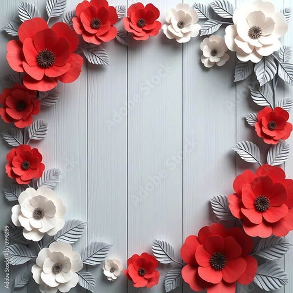 Fototapeta Elegant Floral Frame of Red and White Paper Flowers on Light Gray Wood