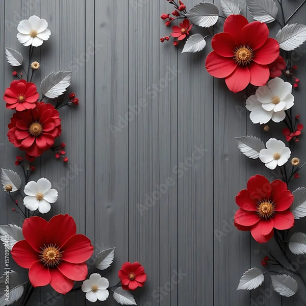 Fototapeta Elegant Floral Frame of Red and White Paper Flowers on Light Gray Wood