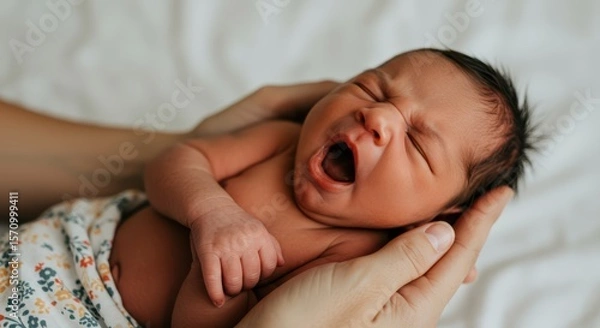 Fototapeta Adorable newborn baby yawning widely while being held gently in loving parents loving hands with soft focus background capturing precious moment of new life