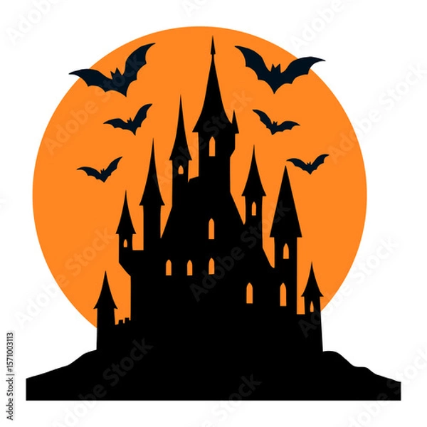 Obraz Spooky Gothic Castle Silhouette with Pointed Towers and Flying Bats at Twilight A Halloween Illustration