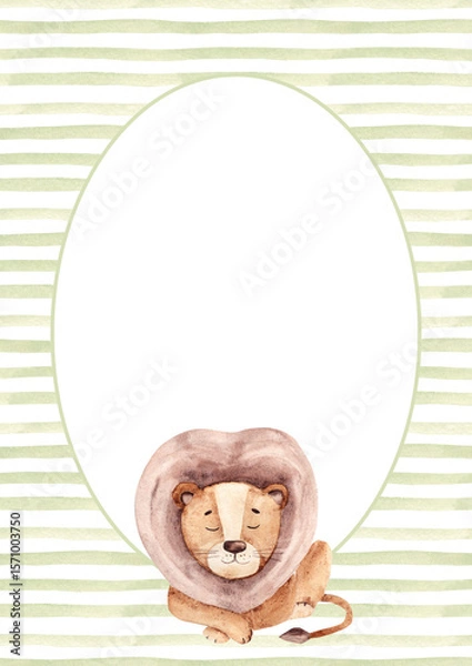 Fototapeta Watercolor Lion illustration, invitation template with green stripes background. Circular frame with horizontal Lines or Brush Strokes in retro style. For kid cards and baby shower invitations