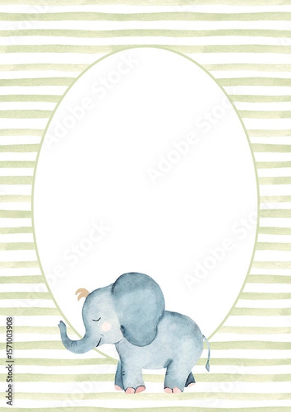 Fototapeta Watercolor invitation template with baby Elephant on a green stripes background. Circular frame with horizontal Lines or Brush Strokes in eco style. For kid birthday greeting cards and baby shower