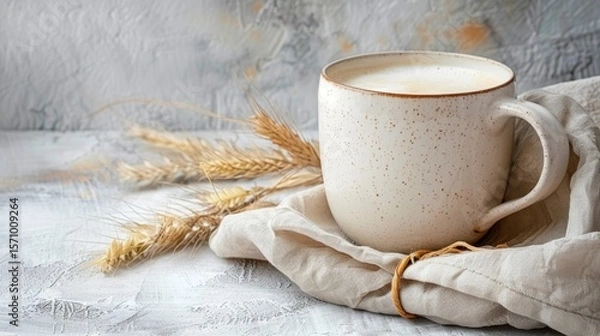 Fototapeta Scandinavian style minimalist white table with ceramic mug and dried pampas grass in soft light