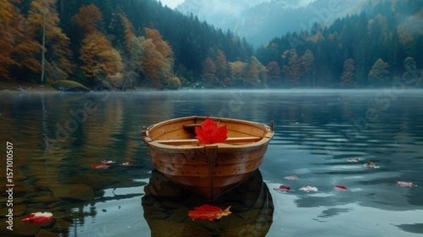 Fototapeta Serene small wooden boat on misty lake surrounded by autumn forest and a single red maple leaf
