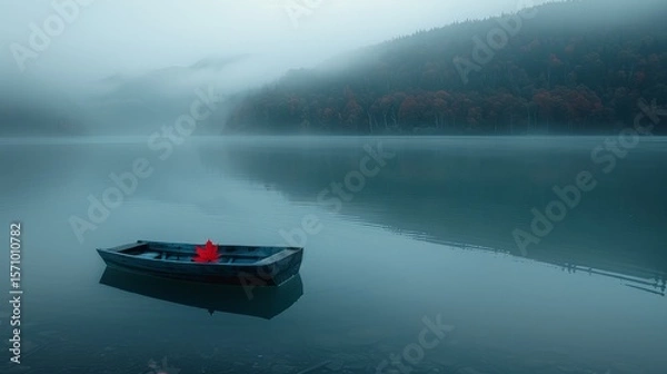 Fototapeta Serene wooden boat on misty lake surrounded by autumn forest with a single red maple leaf