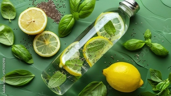 Fototapeta Dynamic flat lay of lemon mint infused water bottle, chia seeds, and basil on green backdrop