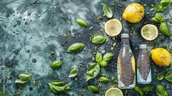 Fototapeta Vibrant flat lay of infused lemon mint water bottle on green background with chia seeds and basil