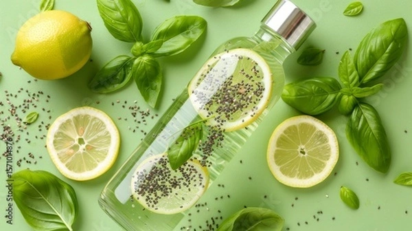 Fototapeta Vibrant detox flat lay with lemon mint infused water bottle and fresh basil on green background