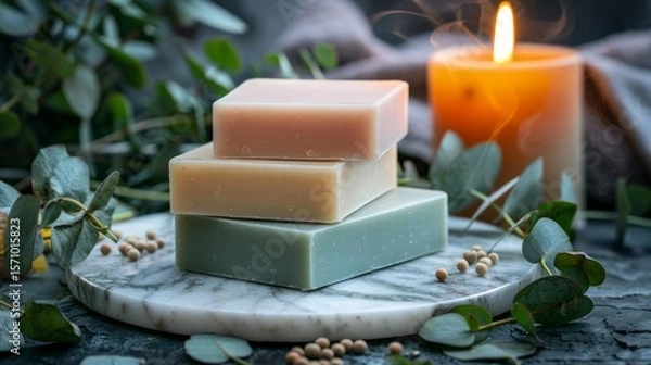 Fototapeta Handcrafted pastel soaps on marble tray with candle and eucalyptus leaves for a spa like ambiance