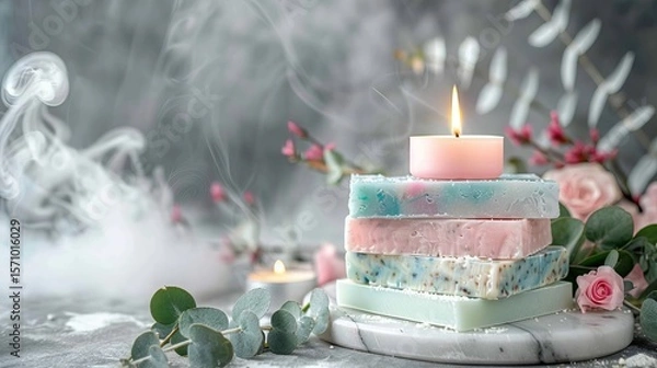 Fototapeta Handmade pastel soaps on marble tray with candle and eucalyptus for a relaxing spa ambiance