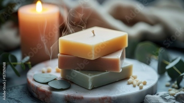 Fototapeta Handcrafted pastel soaps on marble tray with candle and eucalyptus for a relaxing spa ambiance