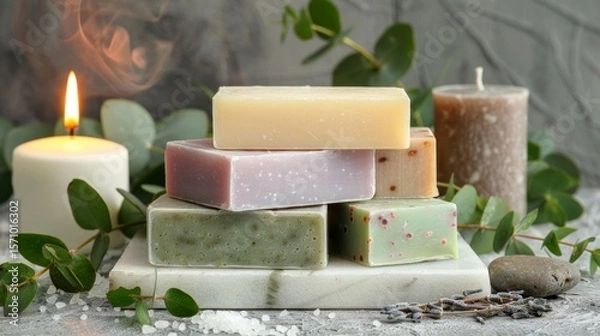 Fototapeta Charming display of handmade pastel soaps with eucalyptus and a candle in a relaxing spa setting