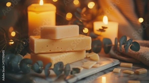 Fototapeta Handmade pastel soaps on marble tray with candle and eucalyptus in a relaxing spa setting
