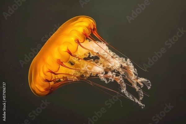 Fototapeta Vibrant jellyfish gracefully gliding through the deep blue ocean waters, showcasing its luminous tentacles