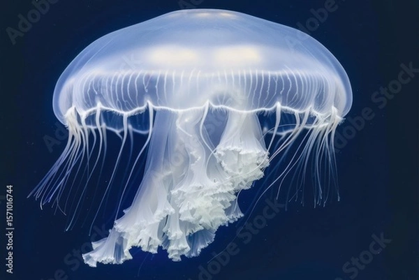 Fototapeta Vibrant jellyfish gracefully gliding through the deep blue ocean waters, showcasing its luminous tentacles