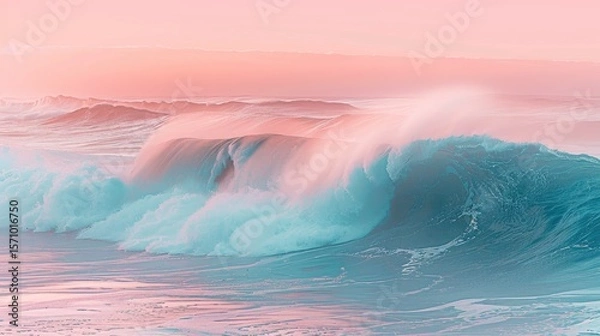 Fototapeta Tranquil beach scene in soft pastel pink and blue tones with gentle waves lapping the shore