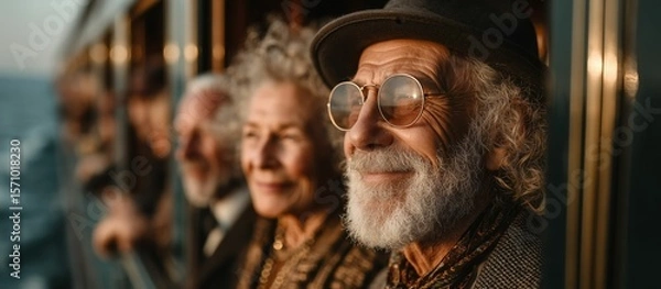 Obraz Senior travelers looking out from a train enjoying the beautiful scenery.