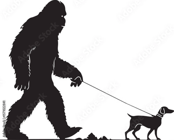 Obraz Bigfoot Walking a Dog on a Leash Silhouette Vector Illustration on Transparent Background