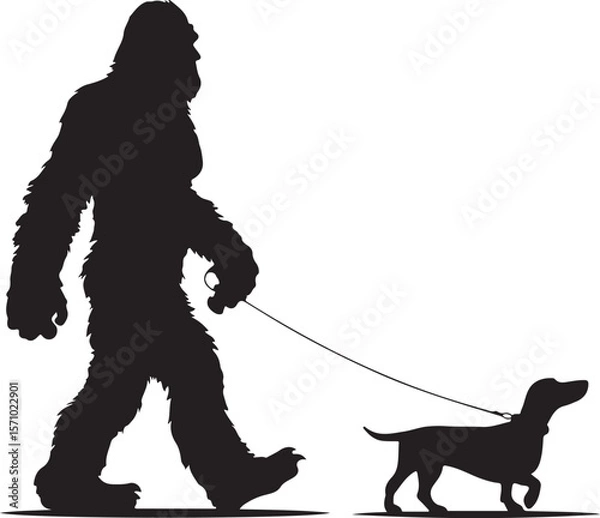 Obraz Bigfoot Walking a Dog on a Leash Silhouette Vector Illustration on Transparent Background