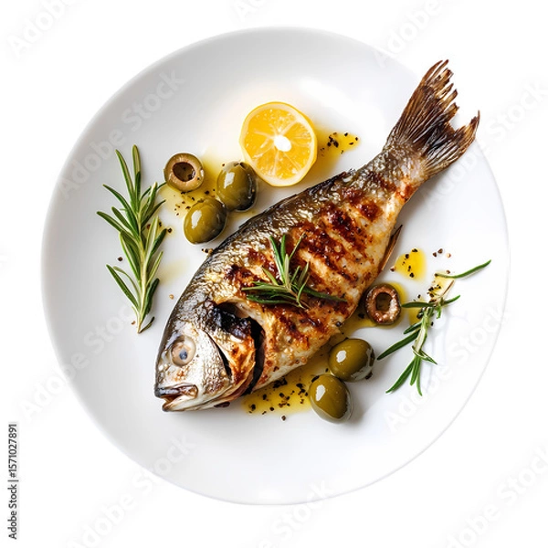 Fototapeta Grilled Fish with Olives and Lemon Culinary Delight isolated on transparent background