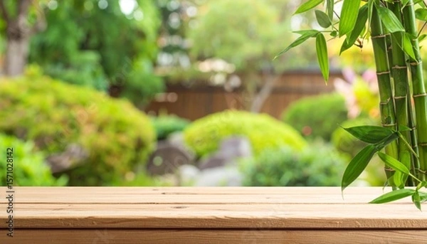 Obraz Wooden Table with Bamboo in a Lush Green Garden