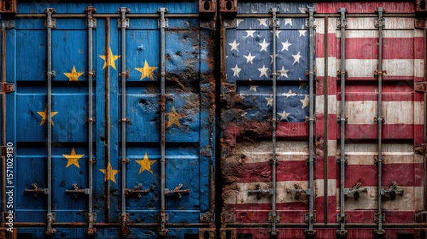 Fototapeta Image shows two shipping containers painted with flags of European Union and United States, both appearing weathered and damaged, with rust