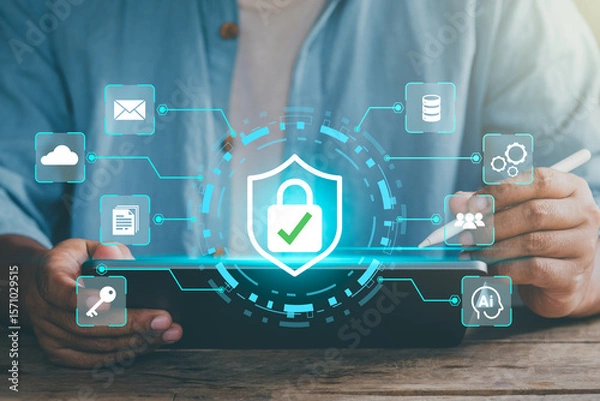 Obraz Shield icon on global network representing cyber security and information protection. Secure data protection and network security systems. VPN connections and zero trust security. encrypted data