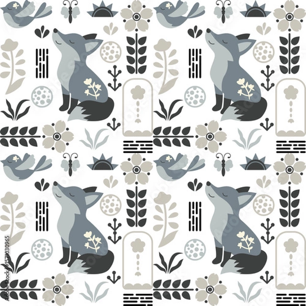 Fototapeta Scandinavian Forest with fox Charcoal colour tone minimalist vector flat design 
