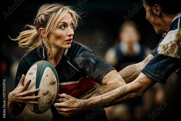 Fototapeta The raw emotion of women's sports is on display as a powerful female rugby player runs with the ball in the rain, with mud splattering from her boots.