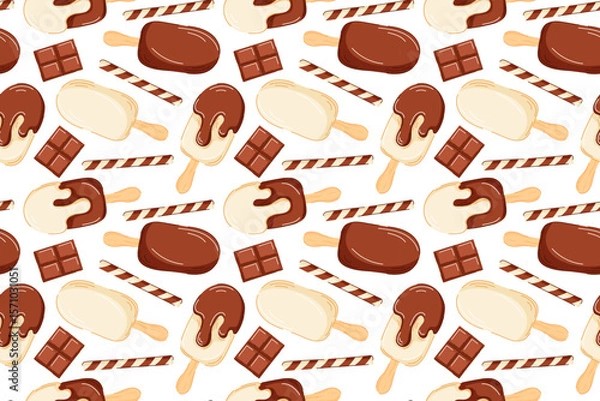 Fototapeta Seamless pattern with chocolate ice cream and wafer in cartoon. Perfect for summer packaging, dessert menu and sweet food theme project.