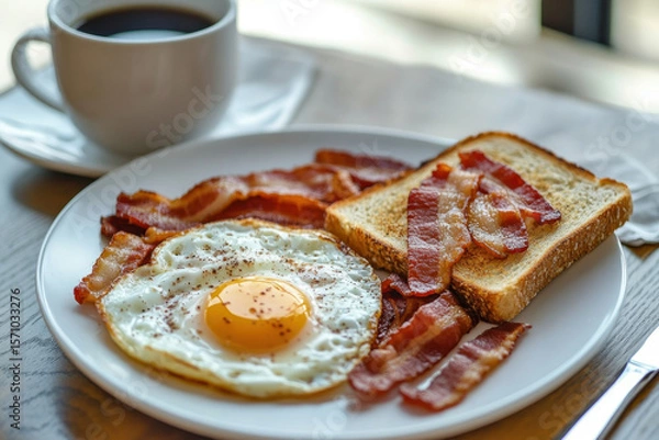 Fototapeta Homemade American breakfast. Fried eggs with bacon and toast, a cup of coffee and a knife on a wooden table. Healthy breakfast. The concept of healthy eating. Morning sunlight