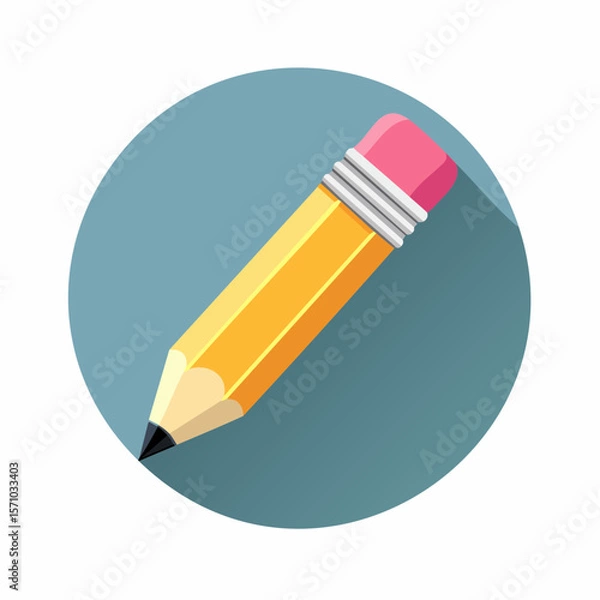 Fototapeta Stylish yellow pencil with an eraser top over a blue circle, ideal for education, creative projects, or graphic design needs.