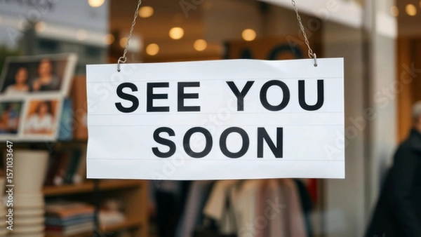 Obraz Storefront window displaying black lettered white sign indicating temporary business closure with friendly farewell message