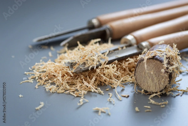 Obraz Hand tool and shavings after wood carving