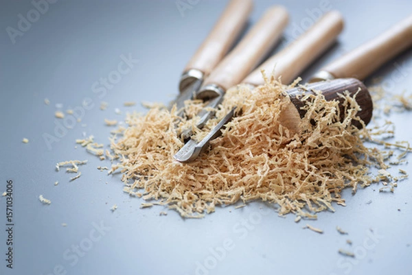 Obraz Chisels and wood shavings in craftsman's workshop on gray background