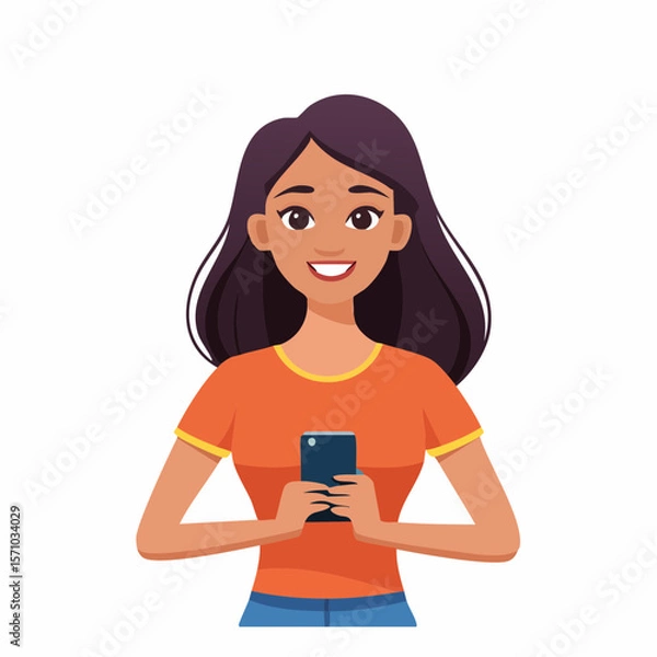 Fototapeta Smiling young woman with phone, a scalable graphic ideal for app interfaces or social media content, perfect for various online and digital applications.