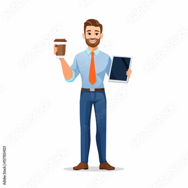 Fototapeta Cheerful businessman cartoon character holding coffee and tablet device, suitable for website, social media posts, and marketing.