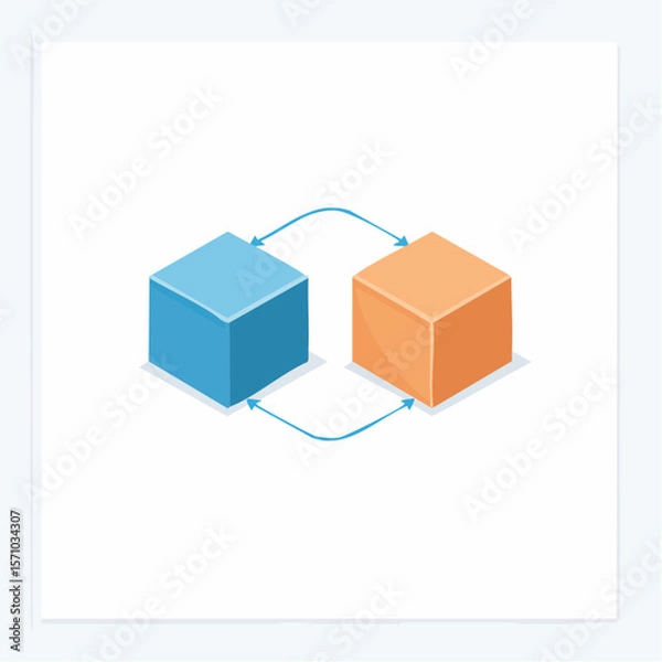 Fototapeta Conceptual graphic featuring two colored isometric cubes linked by arrows, symbolizing communication, data transfer, or interconnectedness.