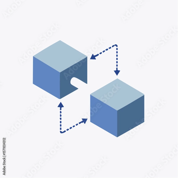 Fototapeta Two geometric cubes show connection with dotted arrows in blue and gray shades for use in process or flow design.
