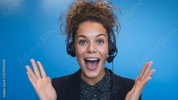 Obraz Excited customer service rep with headset and curly hair against blue background