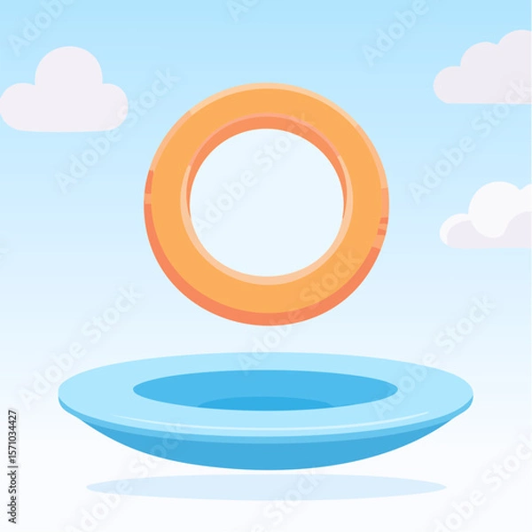 Fototapeta A whimsical sky scene features an orange torus floating above a blue platform, accented by puffy white clouds in a serene cartoon design.