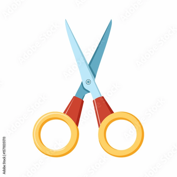 Fototapeta Cartoon scissors with red handles, golden rings, and shiny blades, a simple design for crafting, sewing, or any cutting project.