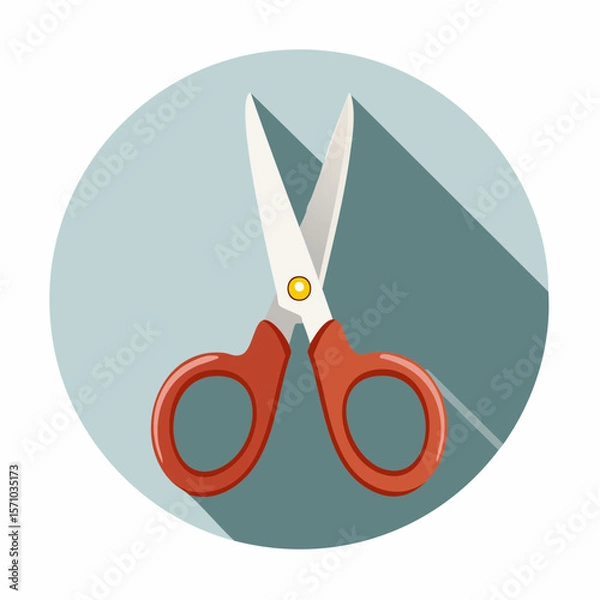 Fototapeta Open red scissors cutting instrument with long shadows presented on a round background, perfect for creative designs.