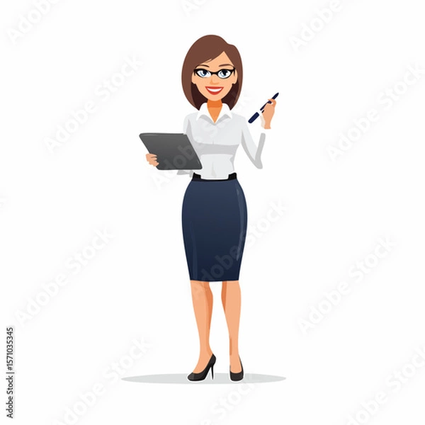 Fototapeta Professional business woman character holding a tablet and pen, ideal for corporate branding and marketing materials showcasing modern business.