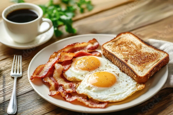 Fototapeta Homemade American breakfast. Fried eggs with bacon and toast, a cup of coffee and a fork on a wooden table. Healthy breakfast. The concept of healthy eating. Morning sunlight
